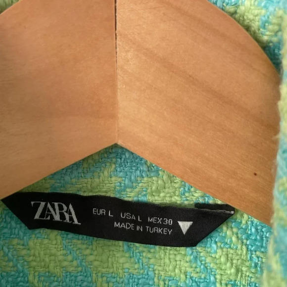 Zara Cropped Gingham Houndstooth Jacket Green Blue Size Large - Picture 9 of 9